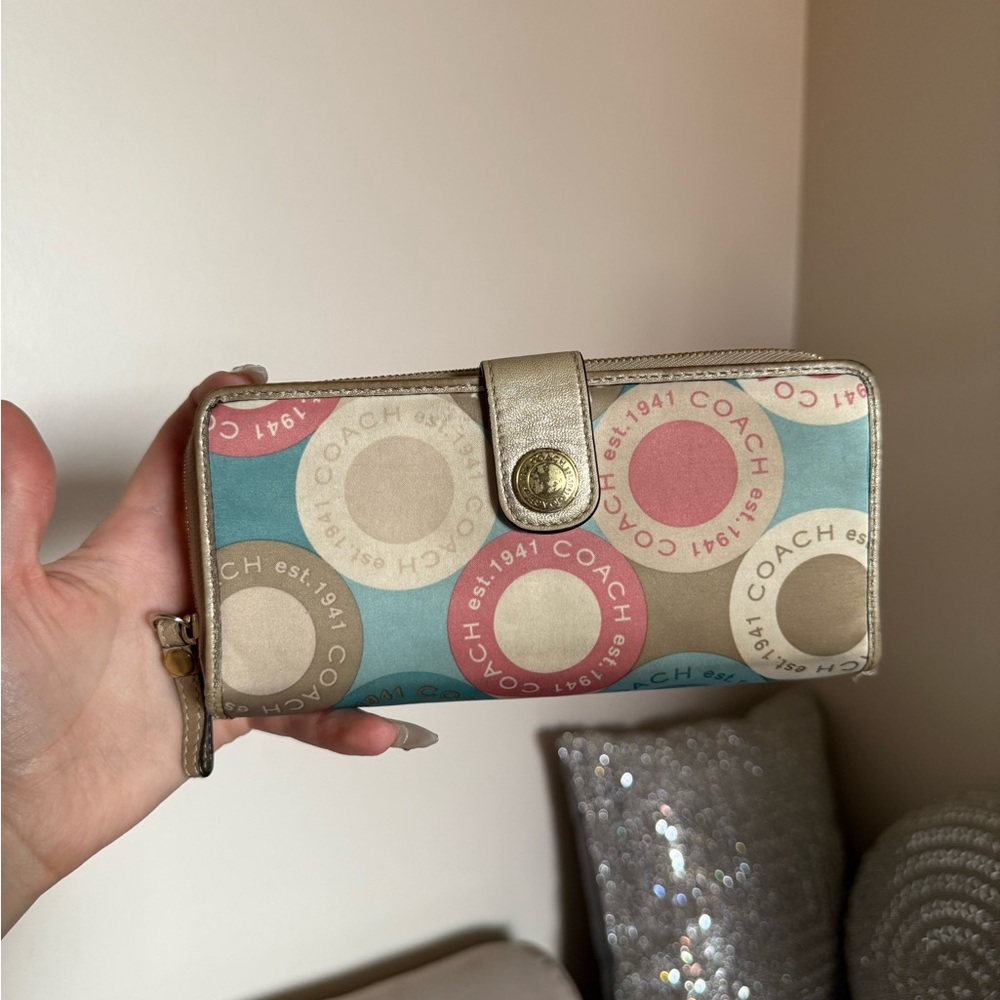 Coach Signature Circle Print Zip Wallet in Pink, Teal & Gold